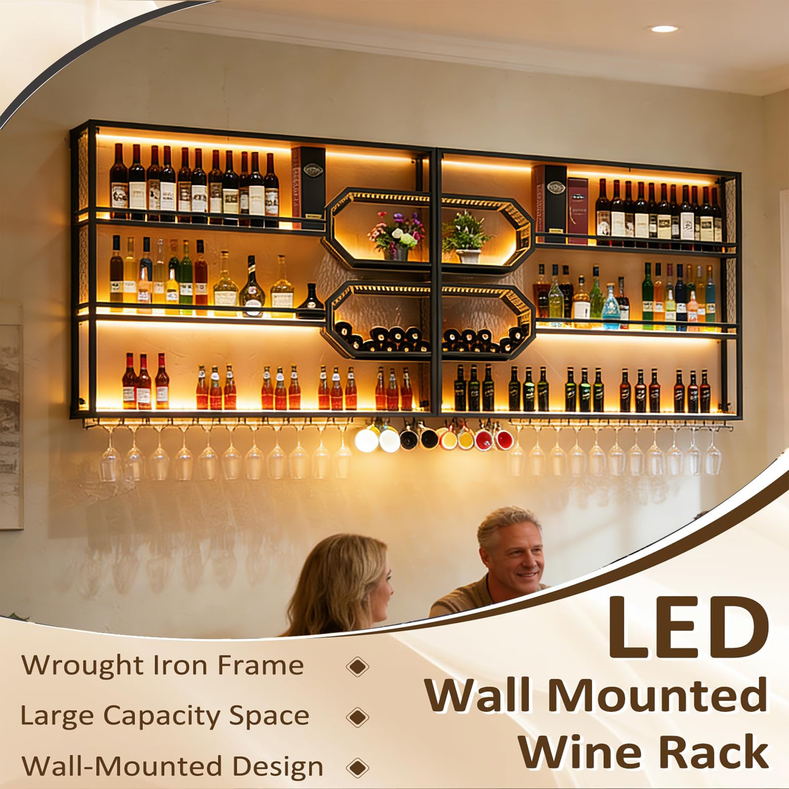 AUSKLEZU 201CMBotellero de Pared Grande con Iluminación LED, Organizador de Bar de 3 Pisos con Soporte para Copas, Soporte para Botellas de Alcohol Estilo, Decoración para Bar en Casa (Negro, 201cm) — view 5