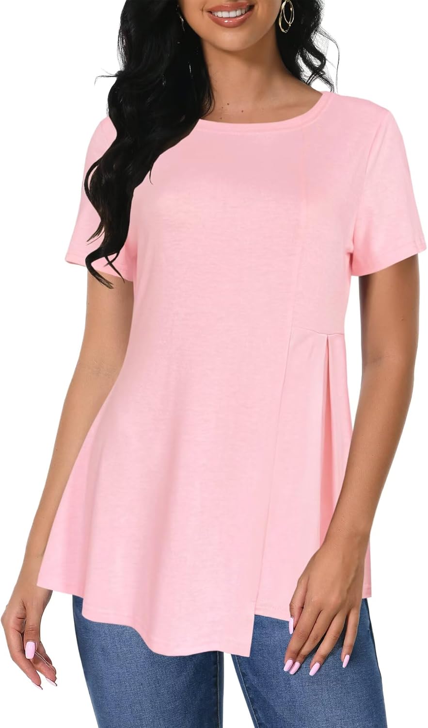 Afibi Women’s Short Sleeve Tops for Women Crewneck Casual Pleated Tunic Tops Loose Fit Shirts Blouses