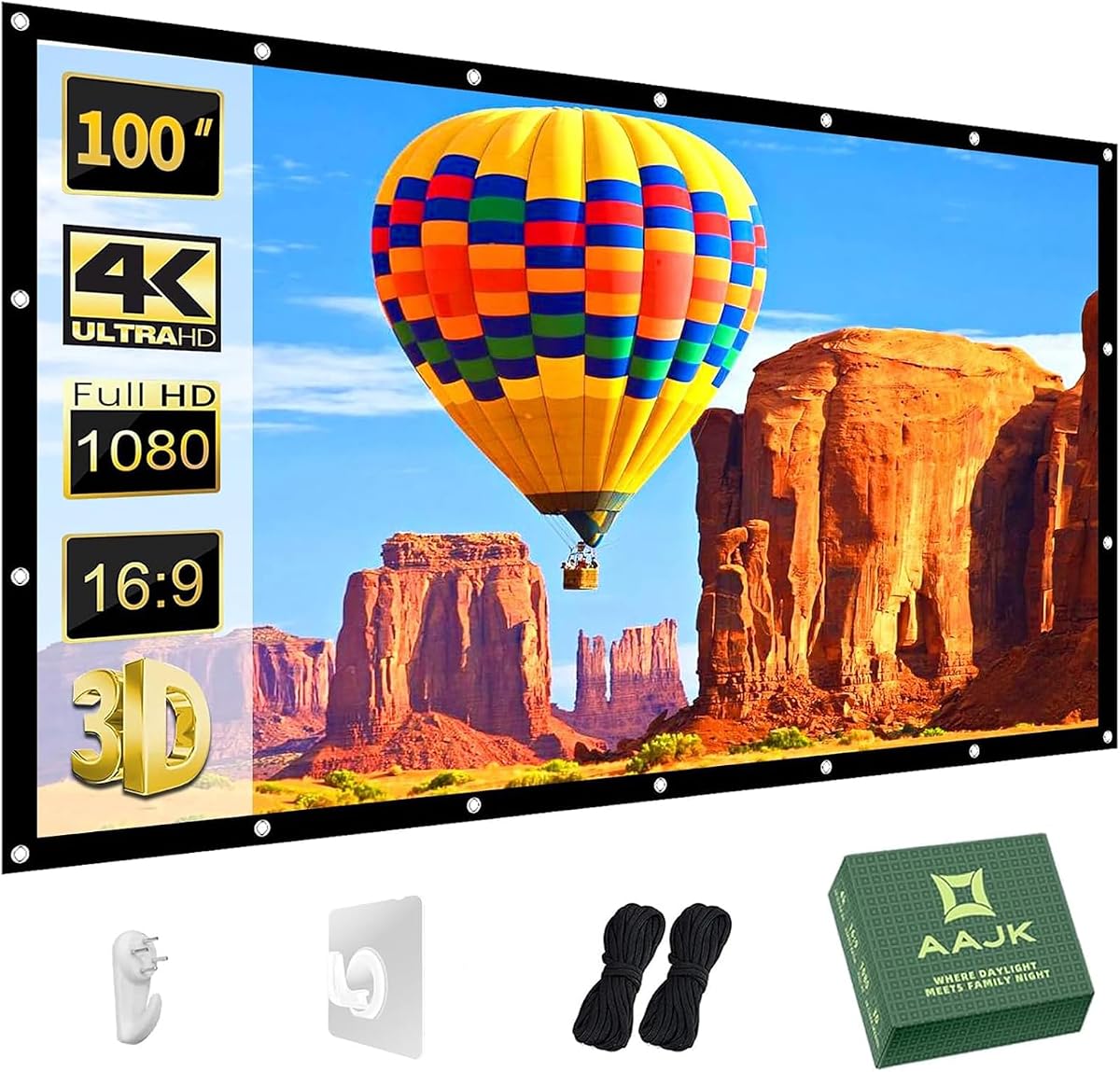 AAJK Pantalla de proyector para exteriores de 100 pulgadas, pantalla de película portátil antiarrugas | Pantalla de proyección para exteriores, lavable, 16:9, plegable, cine en casa para interiores y exteriores, compatible con pantalla de proyección de doble cara