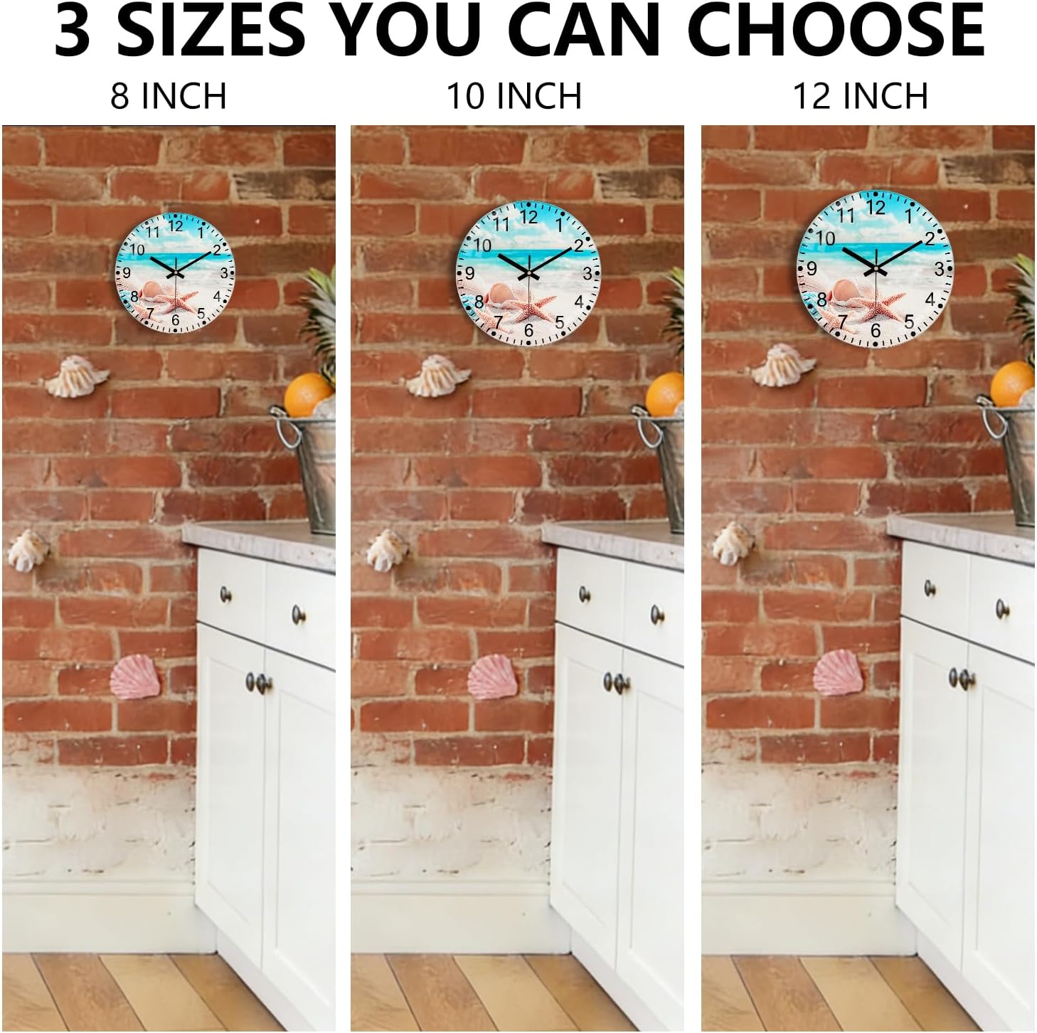 Silent Wall Clock Non Ticking, 8Inch Thick Glass Unique Wall Clocks Battery Operated with Exclusive Beach Design Large Number, Analog Clock for Bedroom, Living Room, Office, Kitchen, Classroom