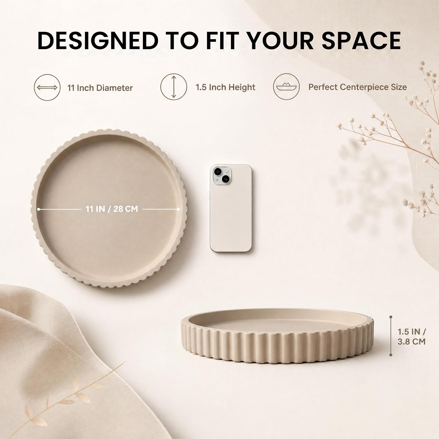 11-Inch Concrete Round Tray Home Decor for Coffee Table Decor - Round Coffee Table Tray - Circular Kitchen Island Trays - Decorative Trays- Beige
