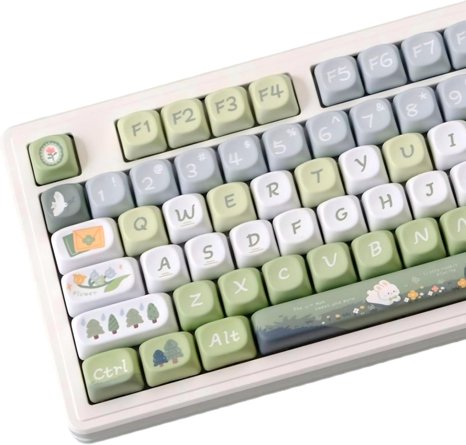 Green White Matcha Keycaps, Cute Bunny MOA Keycap Sets Dye-Sublimation PBT Keyboard Keycaps for Cherry Gateron MX Switches Mechanical Keyboards