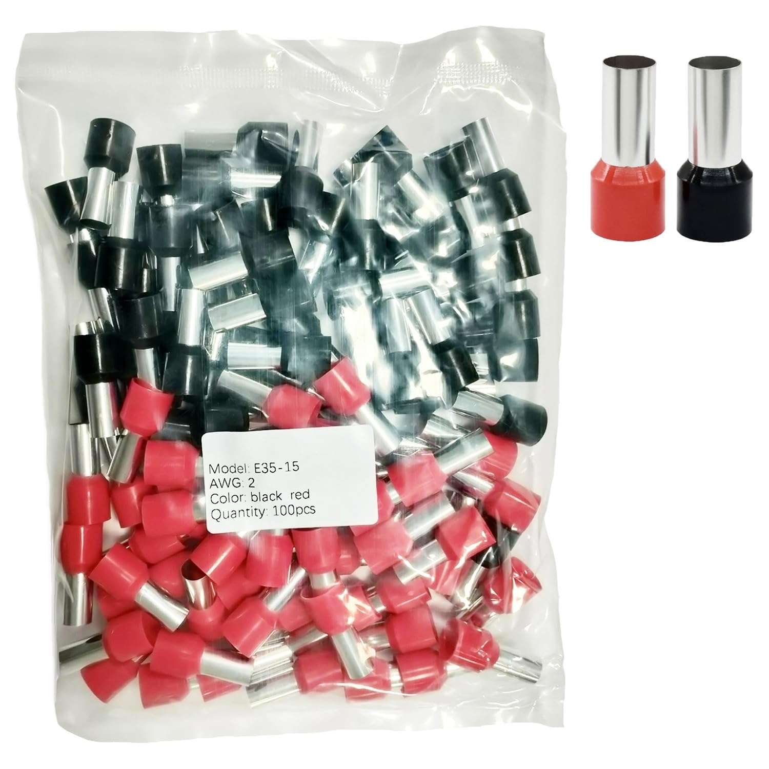 E35-15 Tubular Insulated Terminal, Suitable for AWG 2 Large Square Cables, Cold-Pressed terminals Applicable to Industrial, Household appliances, and Mechanical Equipment