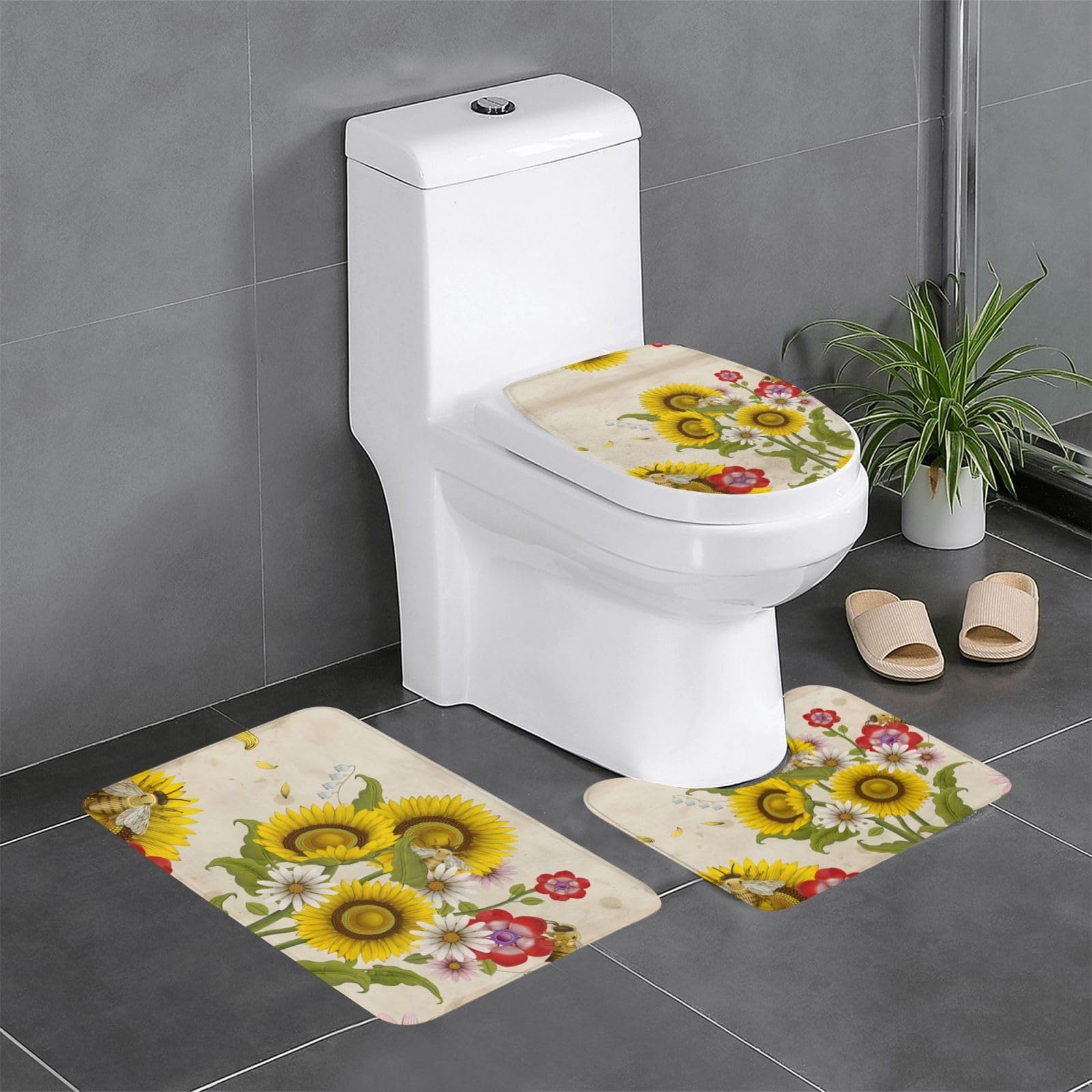 Tapis de bain absorbants lot de 3 avec motifs fleurs et tournesols pour hôtel et spa