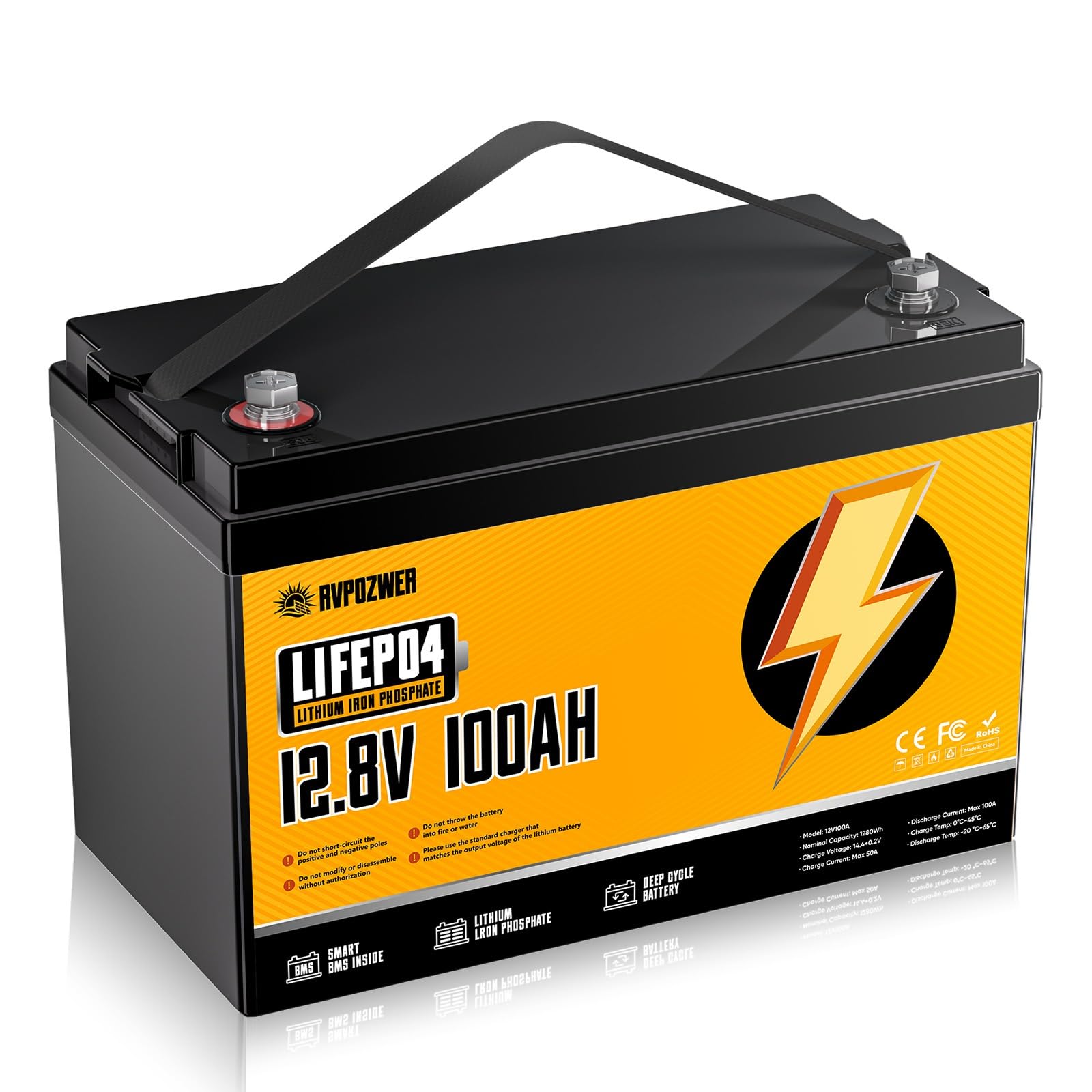 Rvpozwer 12V 100Ah LiFePO4 Battery, Built-in 100A BMS, 18000 Deep Cycles, 1280Wh, Low Temp Protection Lithium Iron Phosphate Battery for Home Energy, RV, Trolling Motor, Marine, Solar, Off-Grid