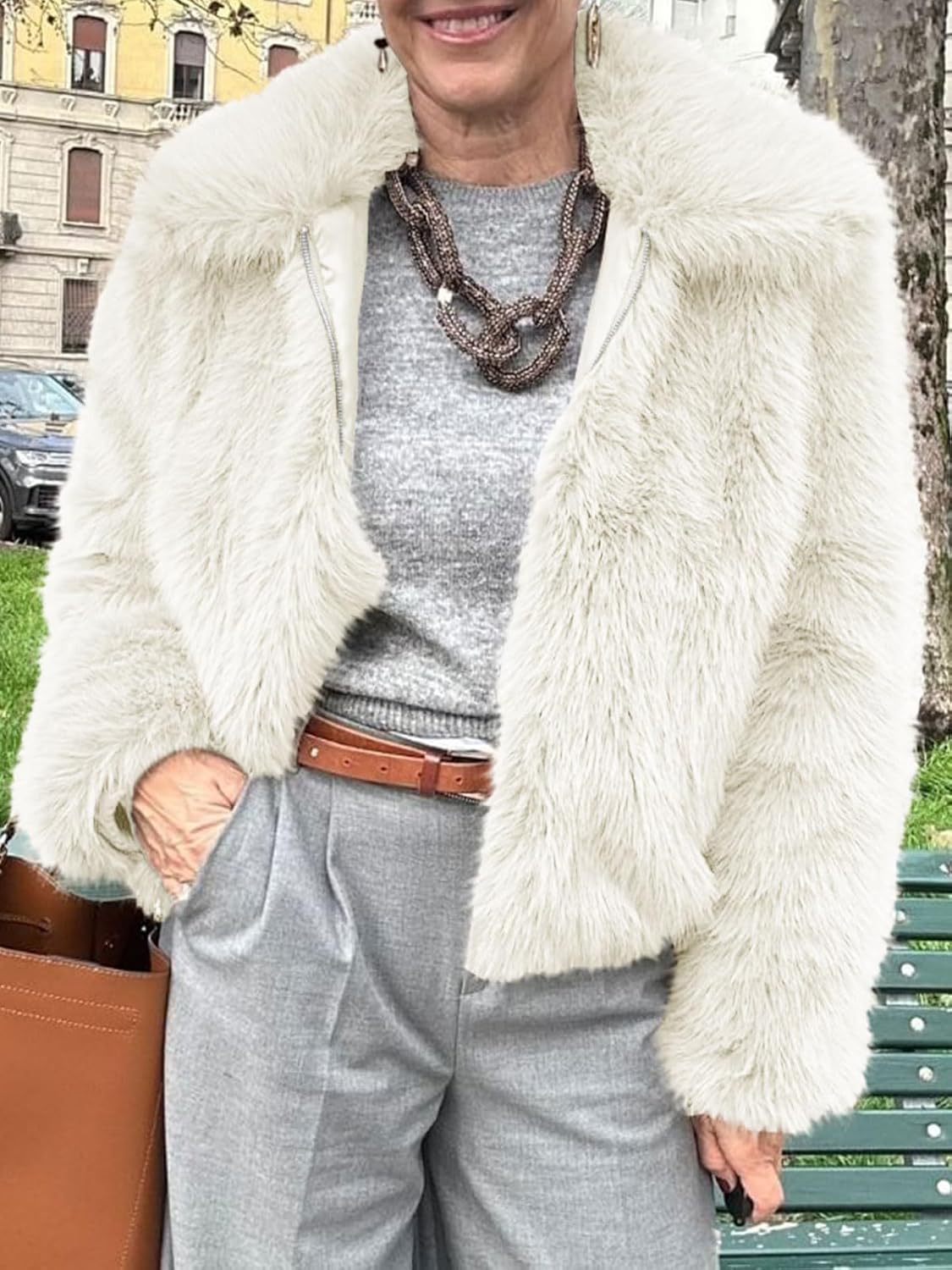 Tankaneo Womens Cropped Faux Fur Jacket Shaggy Lapel Zip Up Winter Coats Fuzzy Warm Outerwear - Image 3