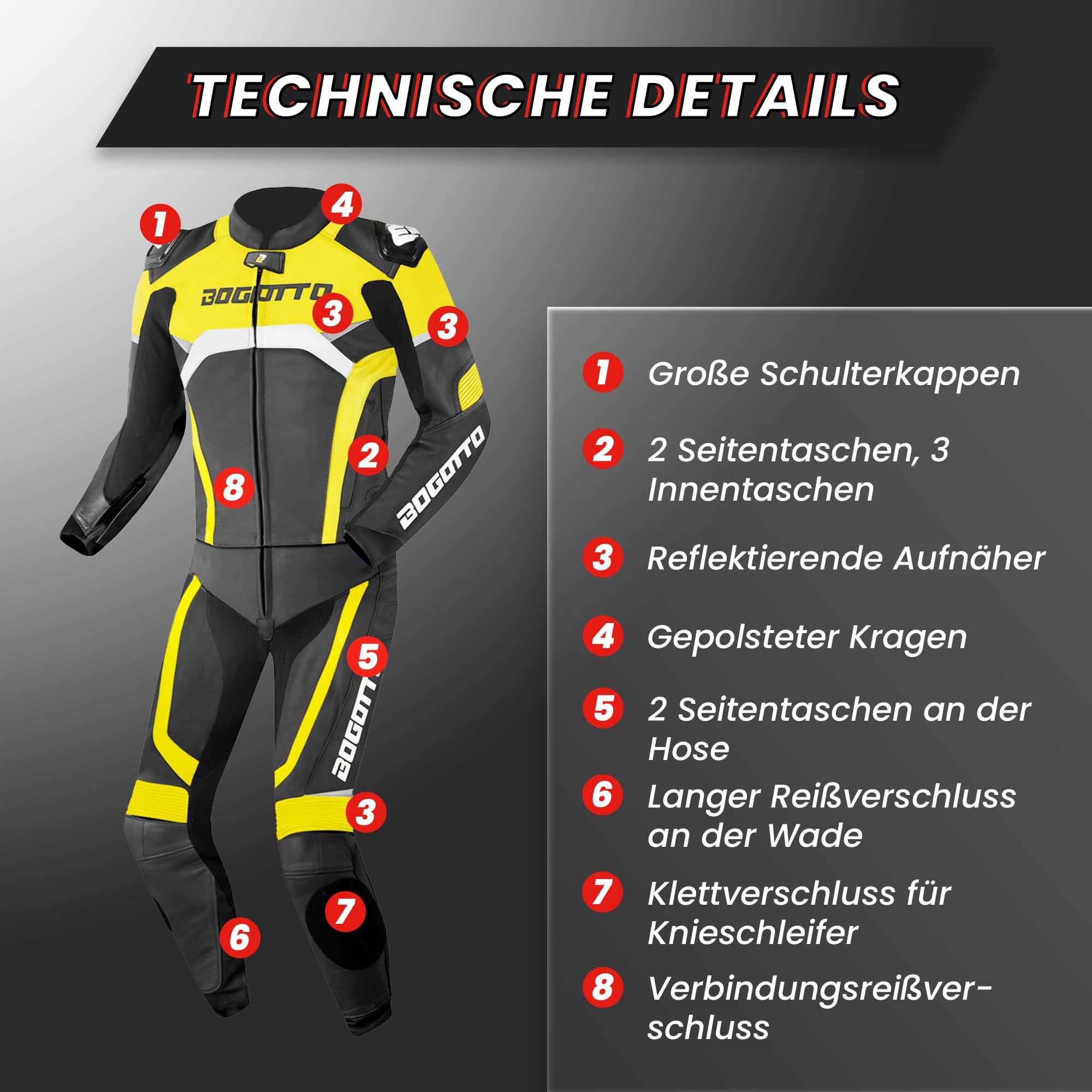 Bogotto Misano 2-Teiler Motorrad Lederkombi, schwarz/grau, 50