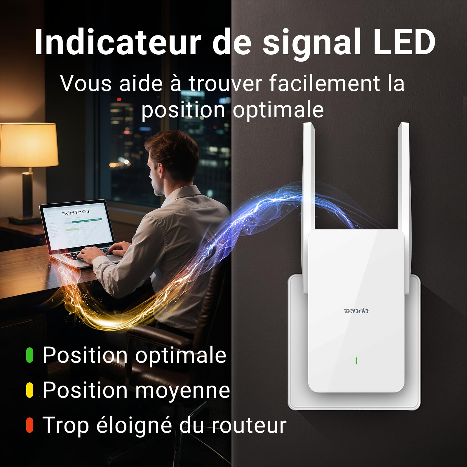 Tenda A23 Répéteur WiFi 6 AX1500, Extenseur WiFi Bi-Bande, Port Gigabit, Antennes 2 x 5dBi, LED de Signal Intelligent, Installation Facile, WPA3