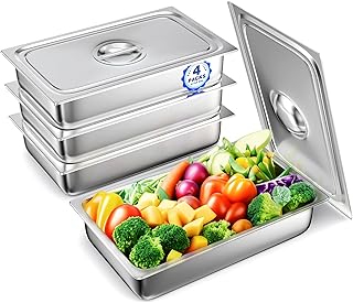 WantJoin Steam Table Hotel Pans with Lid 1/1 Full Size 4 Inch Deep 4 Pack, Stainless Steel Metal Tray Sets Food Storage Container, Restaurant Chafing Dishes Commercial Buffet Warmer Catering Supplies