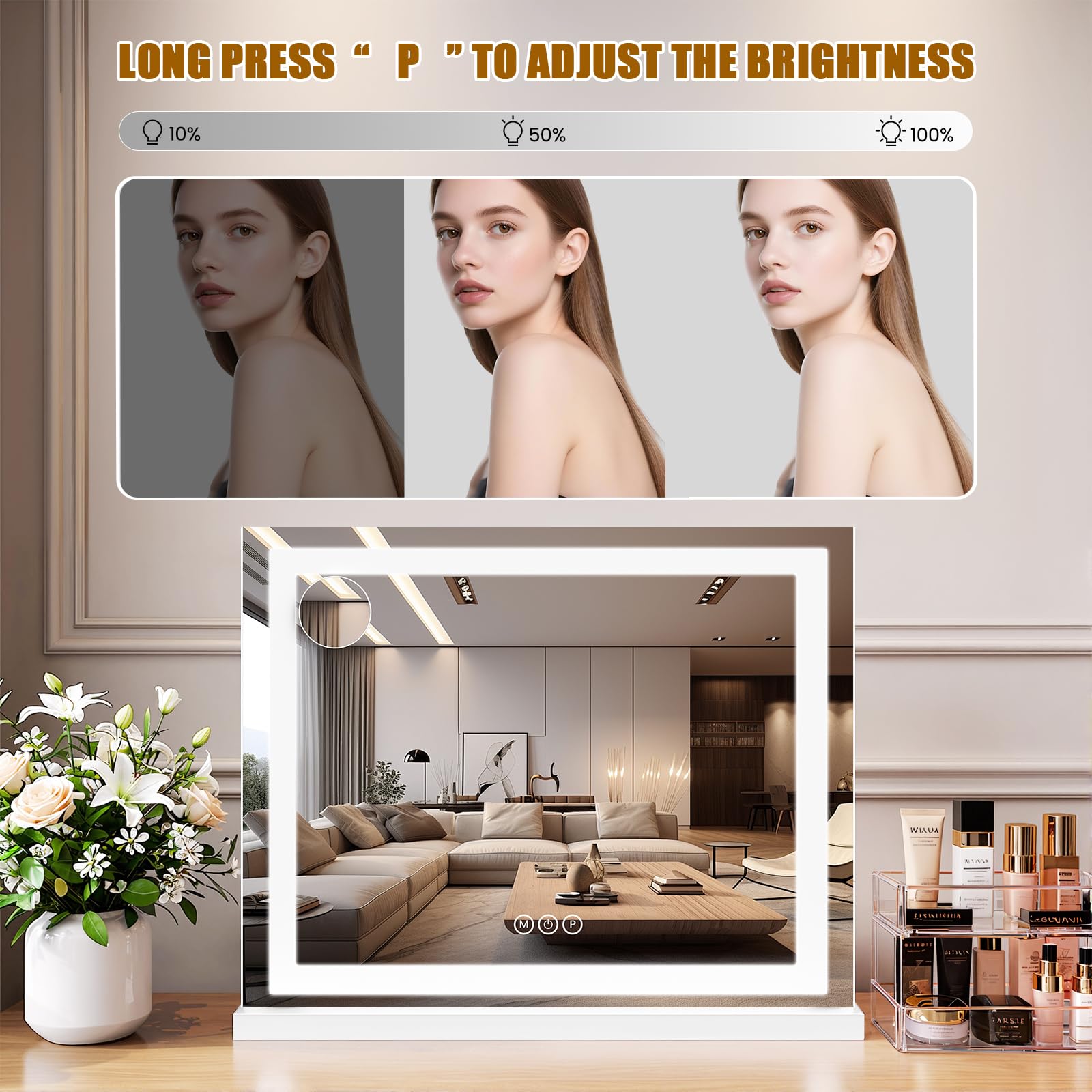 LED Vanity Makeup Mirror with Lights, Smart Touch, 3-Color Dimming