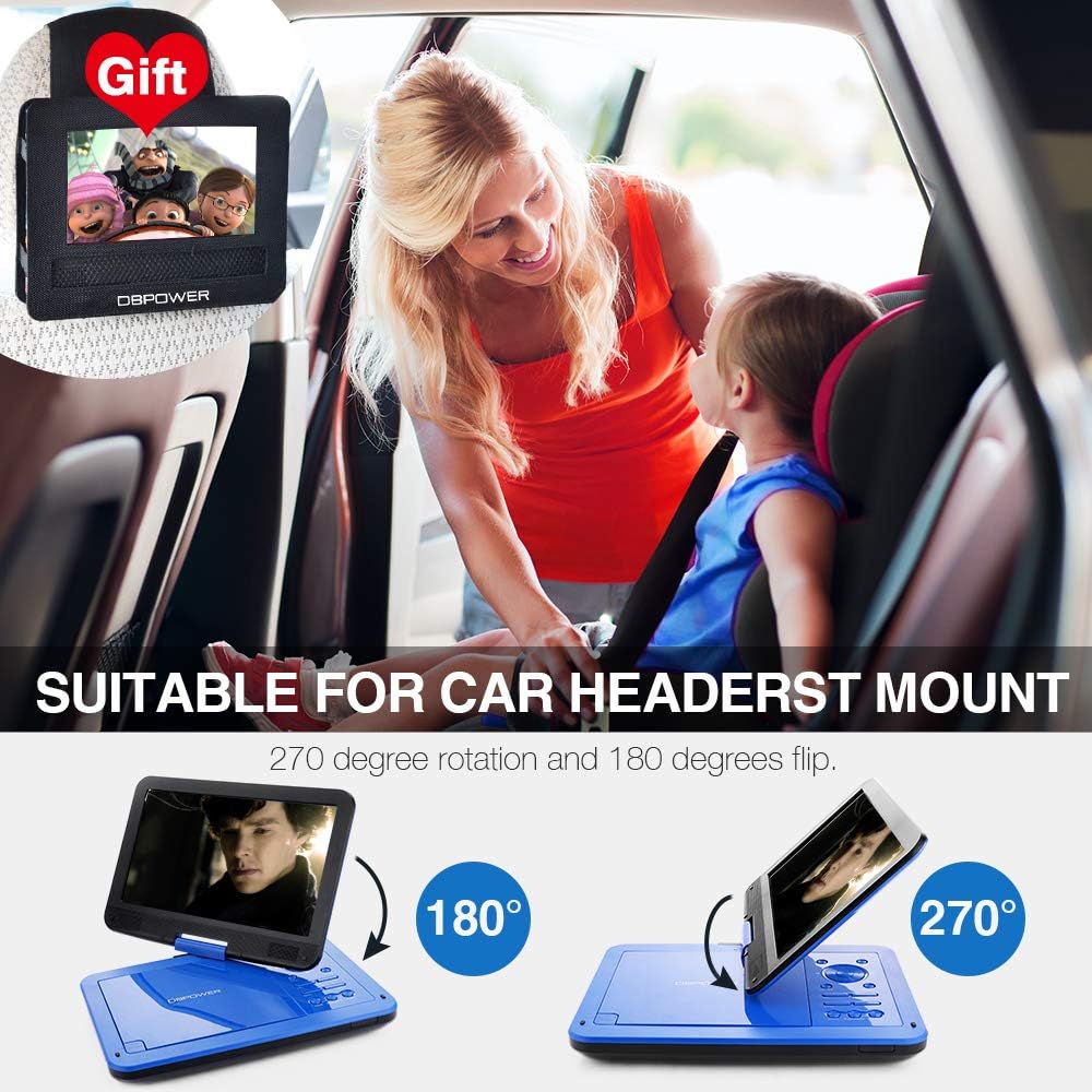 DBPOWER 12" Portable DVD Player with 5-Hour Rechargeable Battery, 10" Swivel Display Screen, SD/USB Port, with 1.8 Meter Car Charger, Power Adaptor and Car Headrest Mount, Region Free- Blue
