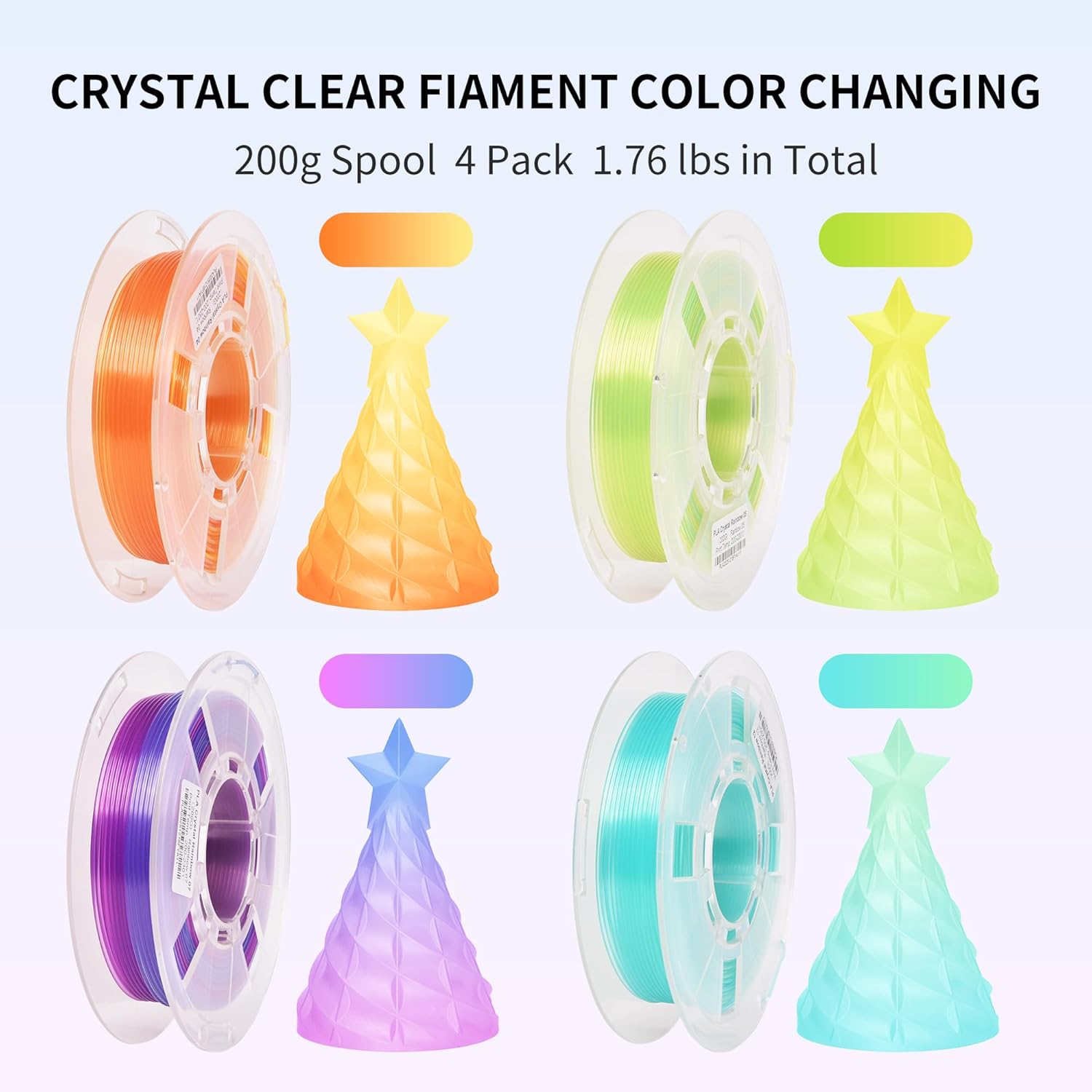 RAMBERY Transparent Multicolor Rainbow Filament, Crystal Rainbow PLA Clear 3D Printer Filament Bundle Gradient Change 1.75mm Fit Most FDM Printer，200gX4 Spools