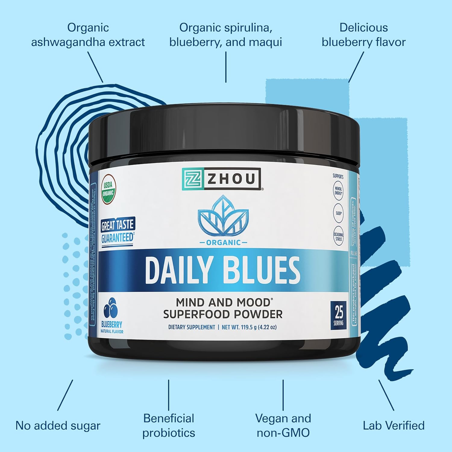 Zhou Daily Blues - Blue Spirulina Powder Organic, Blue Algae Energy Superfood Supplement for Smoothie, Vegan Drink Mix - Blueberry Flavor, 4.22 oz (25 Servings)