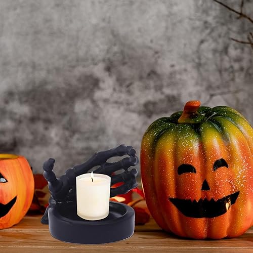 Miniatura 8 de Decoración de portavelas de Halloween, adorno de candelabro de mano de esqueleto de resina, soporte de vela de Halloween gótico aterrador,