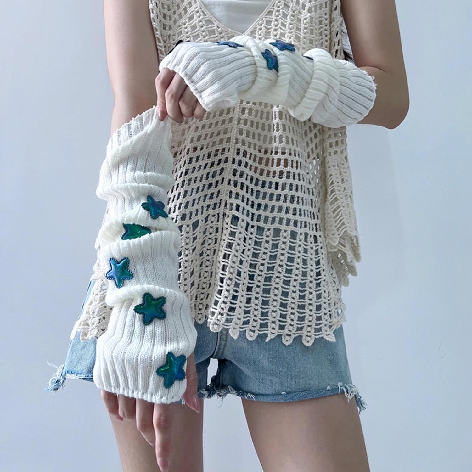 Cute Arm Cover Y2K Knitted Arm Warmer Grunge Fairy Fingerless Gloves Kawaii Kpop Arm Sleeves for Women Teen Girl