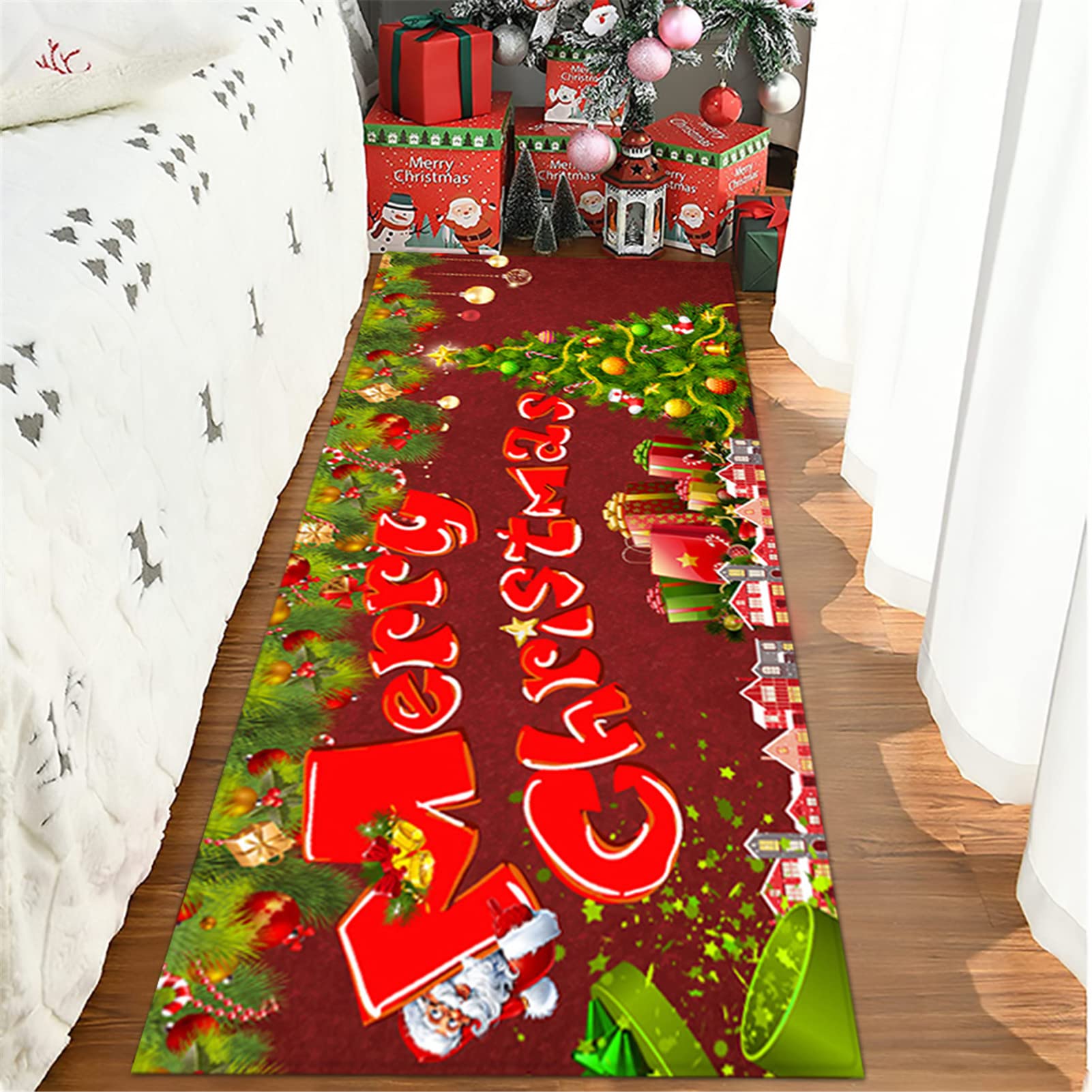 Weihnachtlicher Läuferteppich – 65x180 Cm – Rutschfeste Unterseite – Mit Weihnachtsbaum & LKW-Motiv