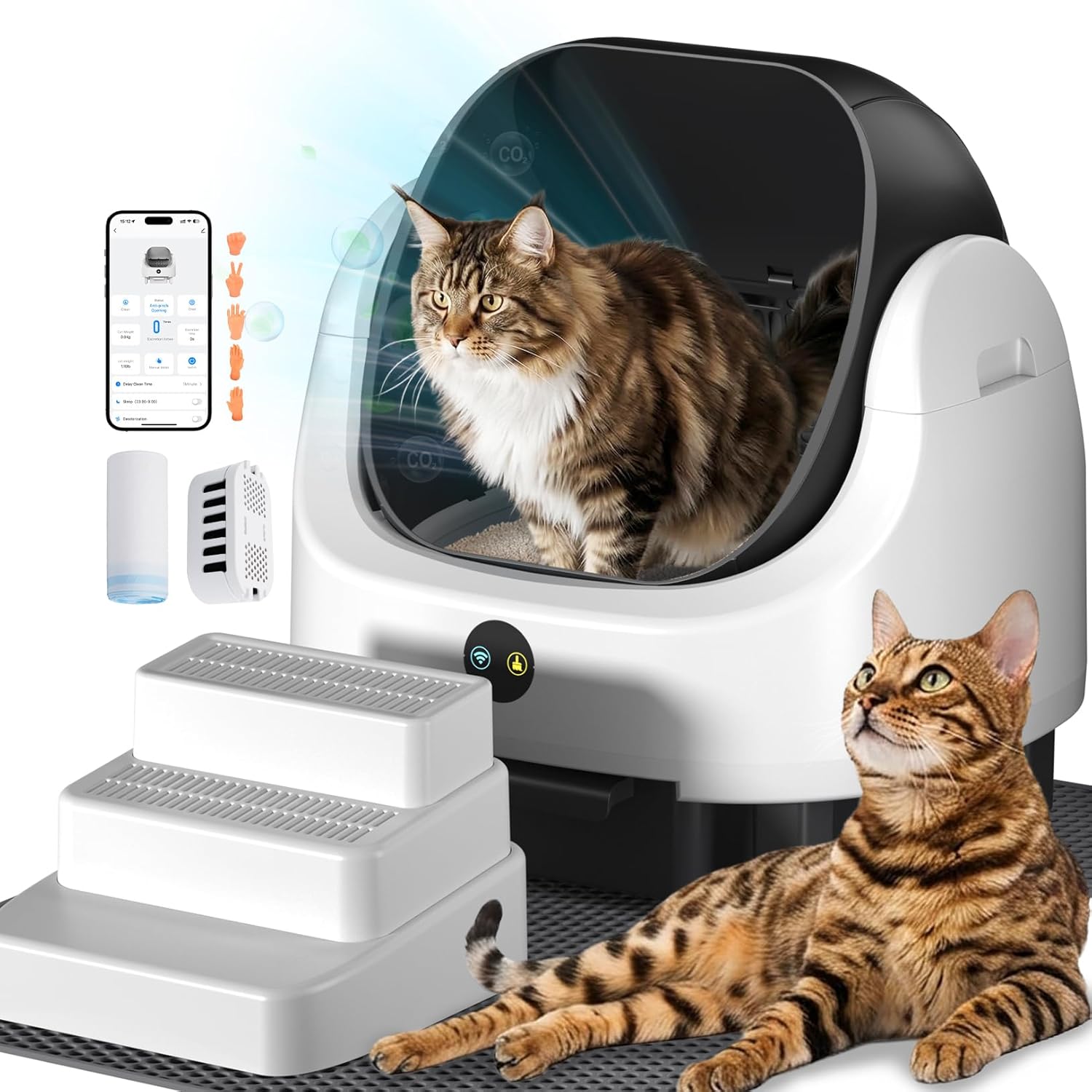 Open Top Self Cleaning Litter Box,70L Automatic Cat Litter Box Self Cleaning with APP Control,Low Noise,Safety Protection,Anti-Pinch Protection&Easy Access Step for Senior Cats,Multiple Cats(White)