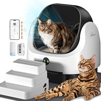 Open Top Self Cleaning Litter Box,70L Automatic Cat Litter Box Self Cleaning with APP Control,Low Noise,Safety Protection,Anti-Pinch Protection&Easy Access Step for Senior Cats,Multiple CatsWhite