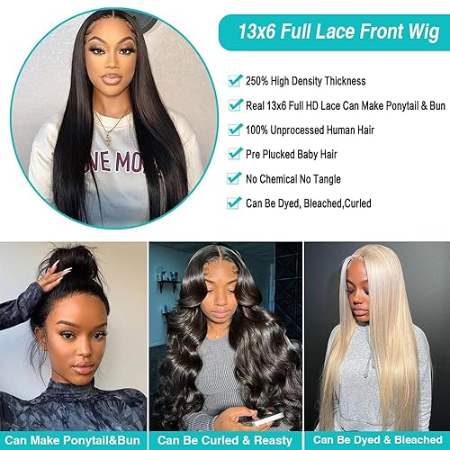 Miniatura 3 de Pelucas de cabello humano con encaje frontal completo de 13 x 6 pulgadas de densidad del 250 %, peluca frontal de encaje lacio prearrancada, sin