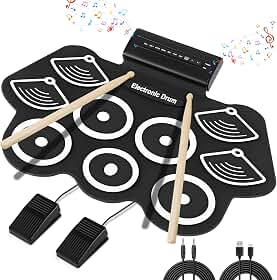 Kerdele Almofada de Prática de 9 Tambores, Conjunto de Almofadas de Bateria Eletrônica Com Pedais e Baquetas, Bateria Eletrônica Portátil, Conjunto de Bateria Elétrica