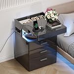 Treocho Led Nightstand with Hidden Space, Modern Night Stand with Charging Station, 3 Drawer Smart Nightstand with Glossy Finish, Tall Bedside Table with RGB Lights for Bedroom, White