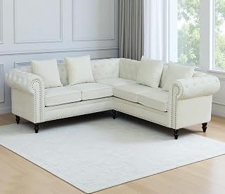 Classic Chesterfield Sectional Sofa,Chesterfield L Shaped Velvet Sofa with 3 Pillows and Rolled Arm,Luxury Button Tufted Sectional Couch 5-Seater for Living Room(White)
