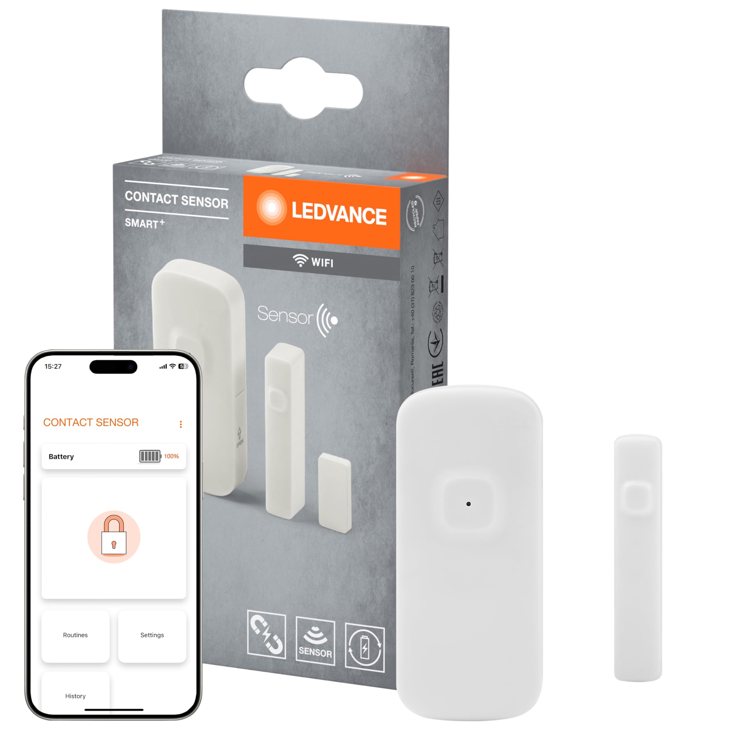 LEDVANCE Inteligentny czujnik kontaktowy SMART WIFI do inteligentnego domu w pomieszczeniach, bez kabla, biały, sterowanie za pomocą aplikacji, zintegrowany akumulator i łatwe ładowanie przez USB-C