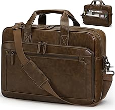 RAINSMORE Men's 16 Inch Laptop Bag PU Leather Waterproof Shoulder Bag Document Holder for Work Business College