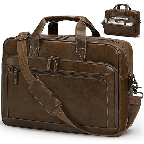 RAINSMORE Messenger Bags for Men Briefcase Waterproof Leather Laptop Bag 16 Inch Vintage Shoulder Satchel Bag for Work Office Business College Brown - Brown