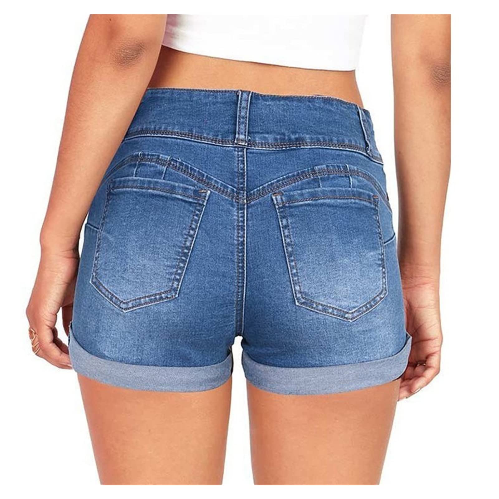 JEKE-DG Women's Solid Color Rolled Hem Denim Shorts Casual Folded Hem Jean Shorts High Waisted Stretchy Jeans Shorts (XX-Large,Blue)