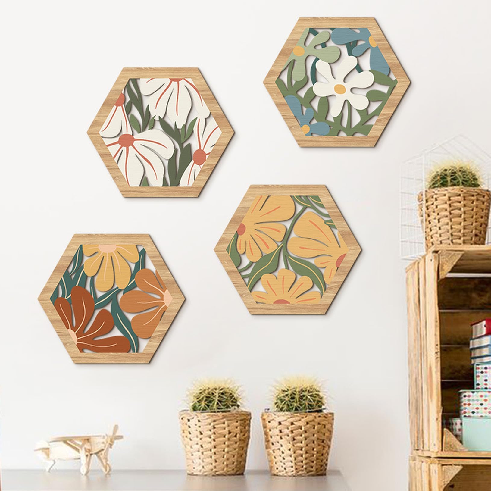 XLOYP Stylish Wall Hanging F Wooden Wall Decoration Nordic Interior Accessories Figurine Wall Decor Set of 4 Wall Art Wall Decor Design 04 Nordic Art Object Kitchen Entryway Home Decor Bedroom Living