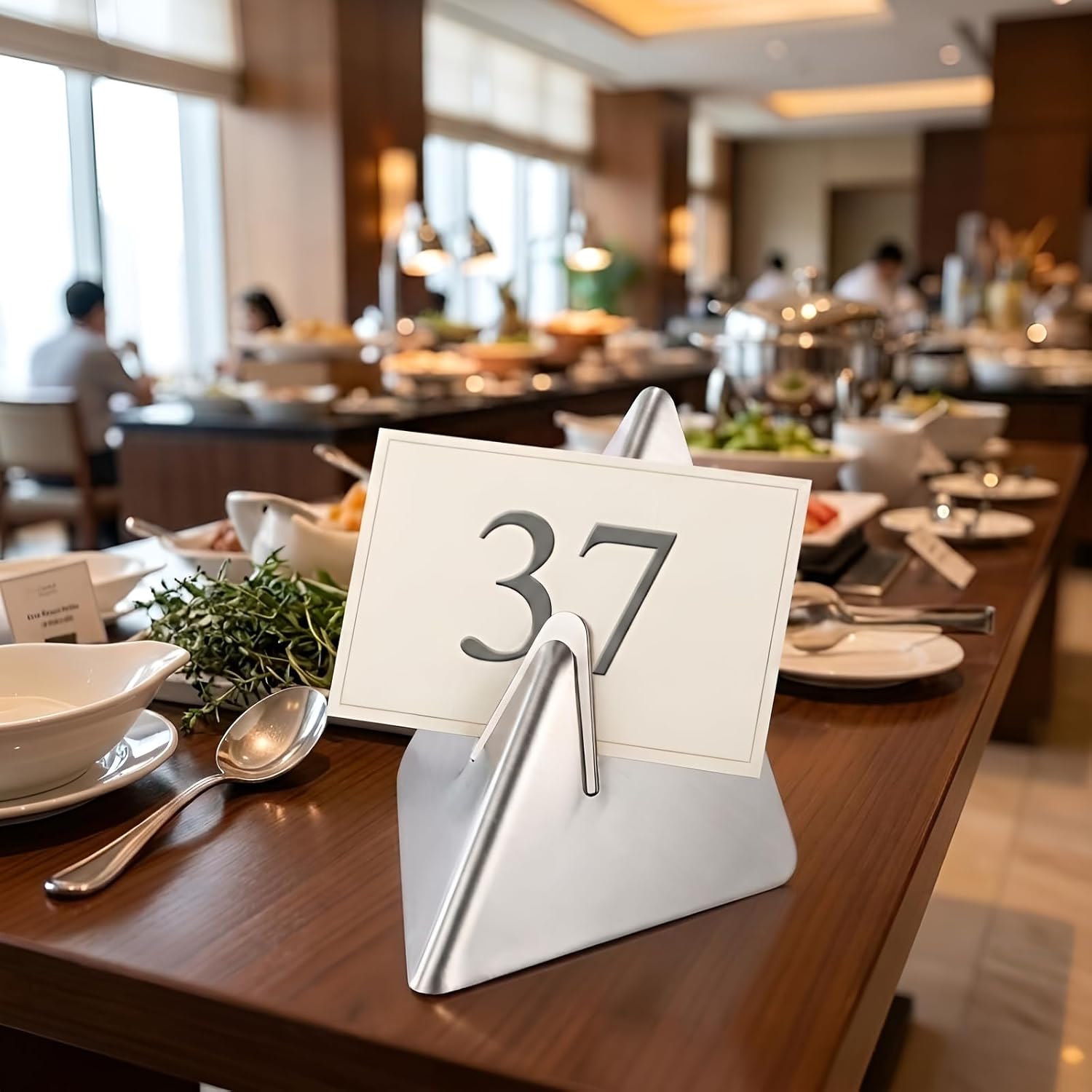 2Pcs Table Number Holders, Stainless Steel Menu Card Stands | Smooth Easy Clean Surface, Indoor Outdoor Dining Use, Restaurants Cafes Bars Banquets, 3.27 X 3.07 In