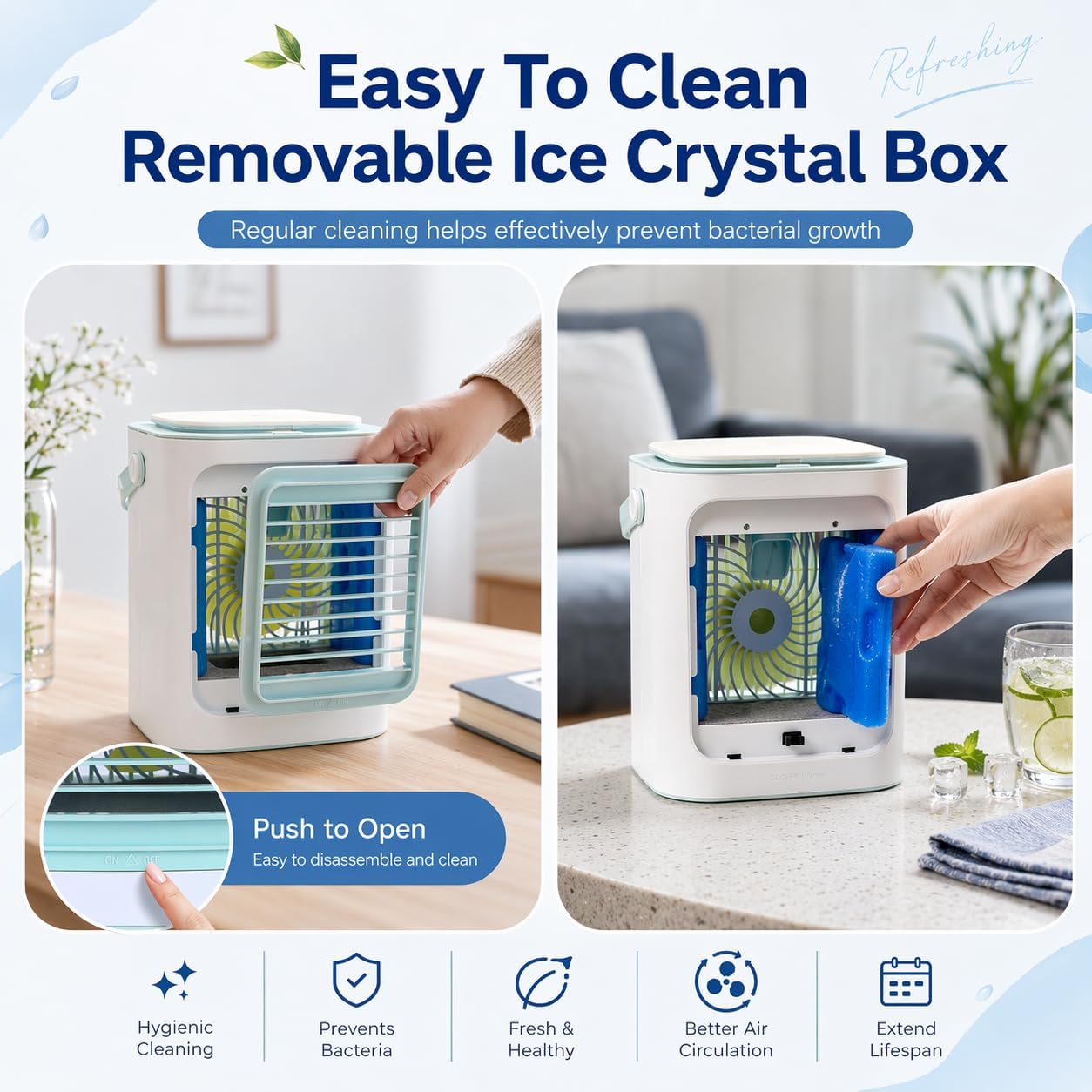 Mini Air Conditioner, Portable Evaporative Cooler with Touch Control & Ambient Light, 3-Speed Fan & Humidifier with 2 Ice Boxes for Desk, Camping, Outdoor (White & Sky Blue)