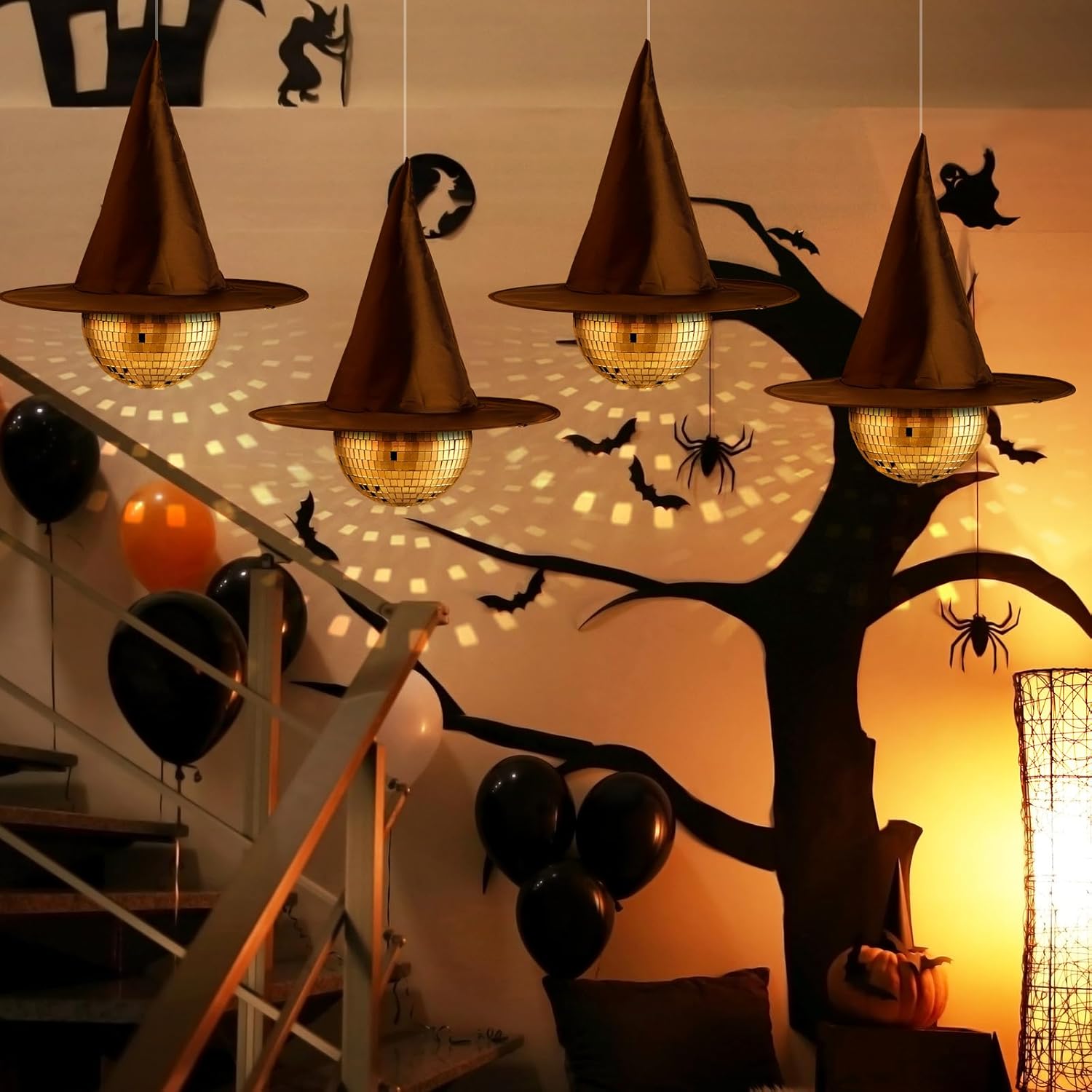 4 Set Large Halloween Hanging Mirror Disco Ball Ornaments with 15 Inch Black Witch Hat Halloween Hanging Decorations for Tree Party Stage Home Decor