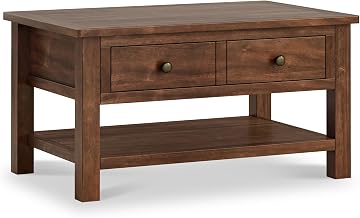 RoselandFurniture Duchy Acacia Coffee Table for Living Room | Wooden Table with Storage Drawer, Shelf & Oak Top, Antique Brass Hardware, Rustic Lodge Style, H45 W85 D55cm