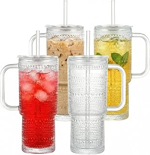 20 oz Glass Tumbler with Lid and Straw, Glass Iced Coffee Cups, Spill-proof Glasses Tumbler with Handle, Glasses Drinking Set of 4, Vintage Glassware for Cocktail, Juice, Smoothies