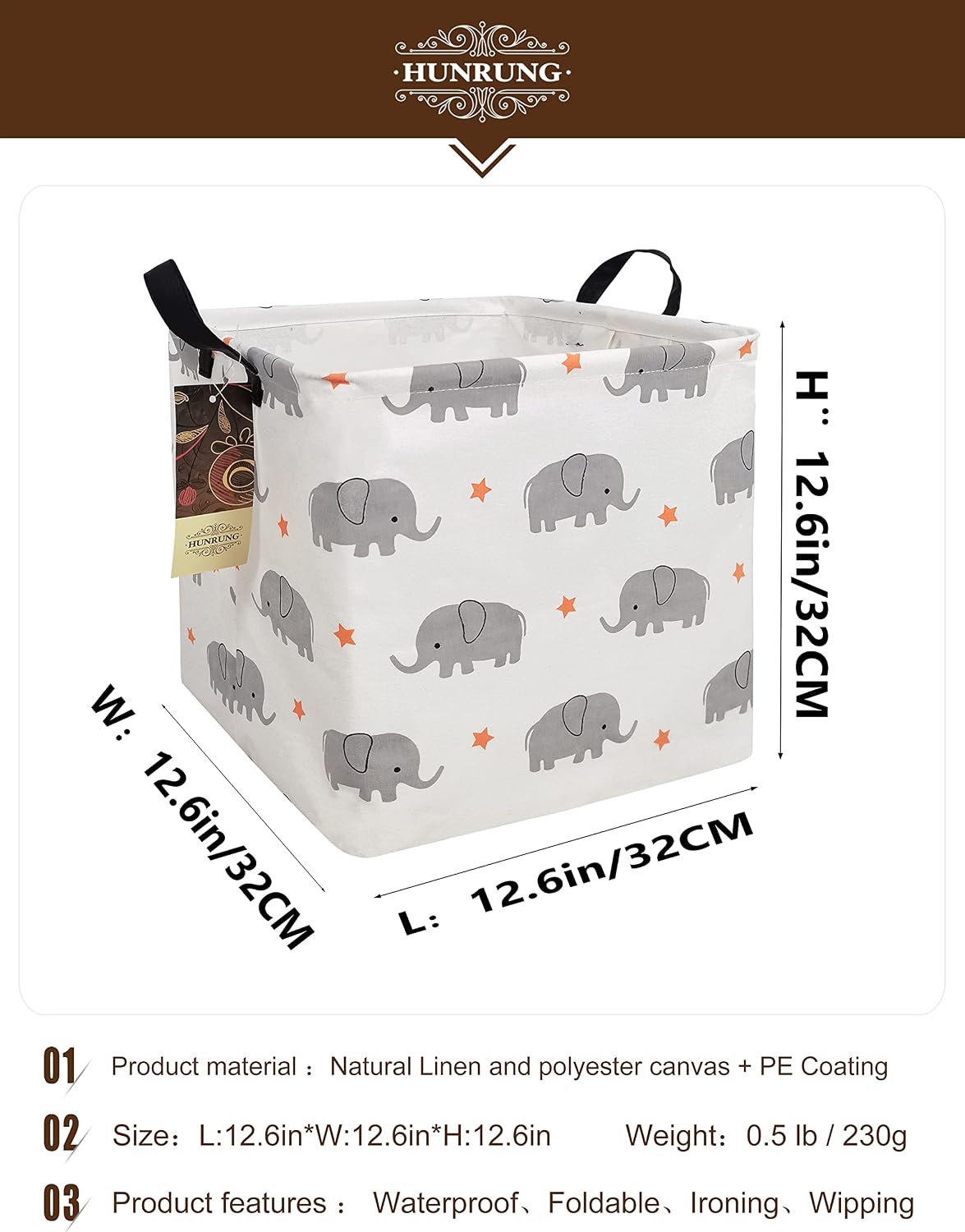 HUNRUNG Square Storage Bins Nursery Hamper Canvas Laundry Basket Foldable with Waterproof Nursery Boxes for Shelves/Gift Baskets/Toy Organizer/Office, Bedroom(Square-Grey Elephant)