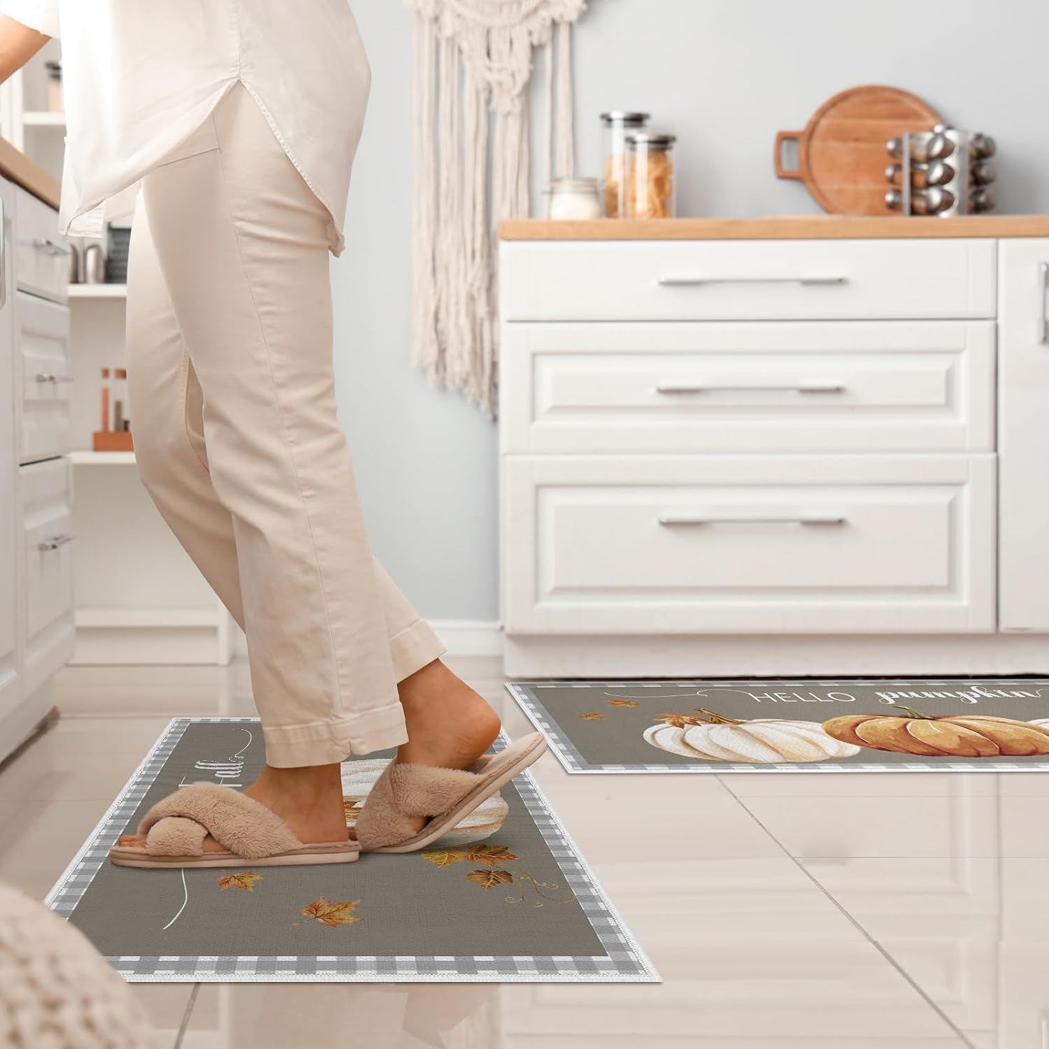 Drydiet 3 Pcs Christmas Kitchen Rugs Non Slip Winter Floor Mat for Kitchen Floor Hallway Laundry Sink and Bathroom, 20"x32" 20"x47", 20"x59"(Pumpkin)