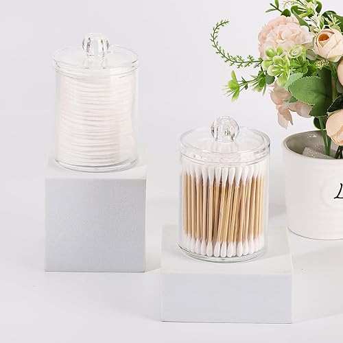 Miniatura 7 de Tbestmax Paquete de 4 soportes Qtip - Organizadores de baño con tarros de plástico transparente para hisopo de algodón, almohadillas redondas, hilo