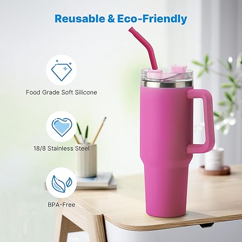 Miniatura 40 de Metal Straw with Silicone Tip for 40oz Stanley Cup, 2 Pcs Stainless Steel Straws Replacement for Stanley 40 oz Adventure Quencher Travel Tumbler