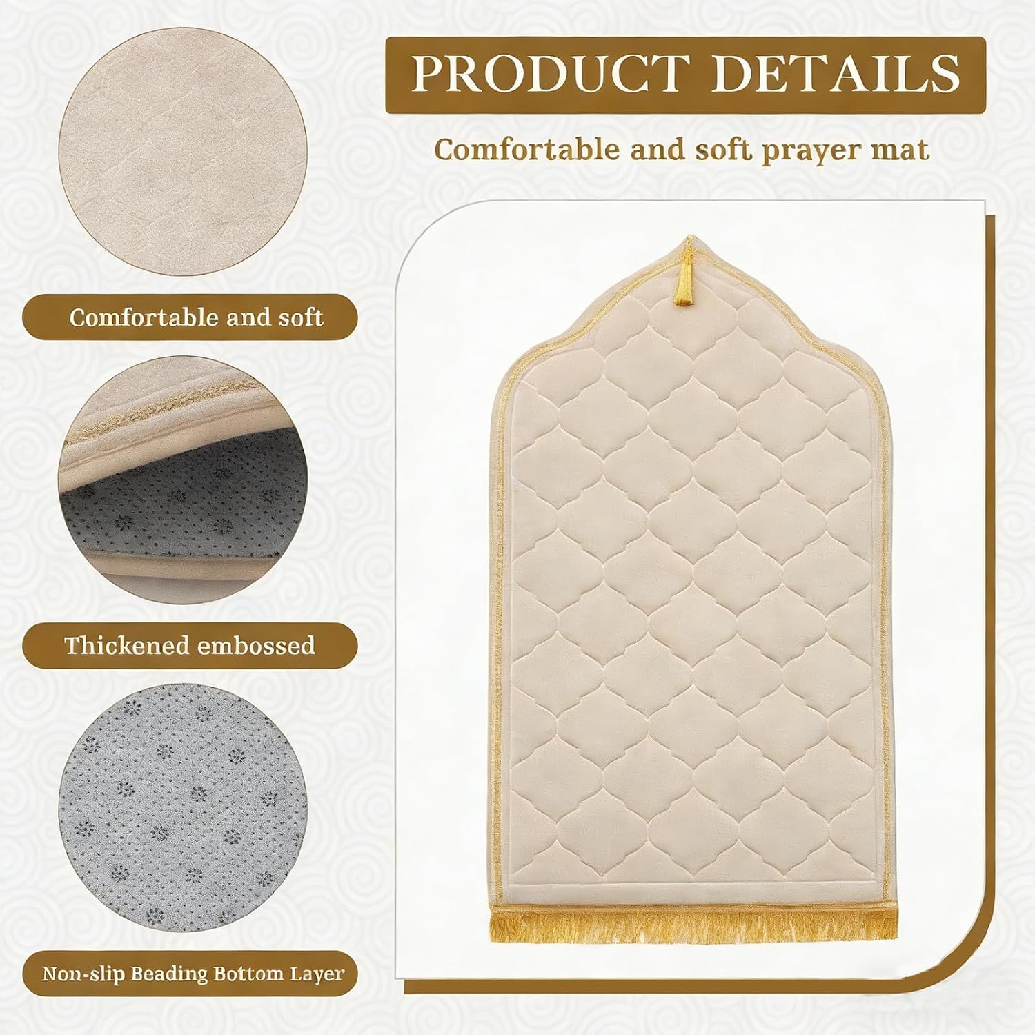 Muslim Prayer Rug with Tasbih Prayer Beads, Extra Thick Padded Non-Slip Islamic Prayer Matt,Turkish Praying Carpet Ottoman Blankets Ramadan Gift for Ramadan, Eid, Hajj, Travel, Pray (Camel)