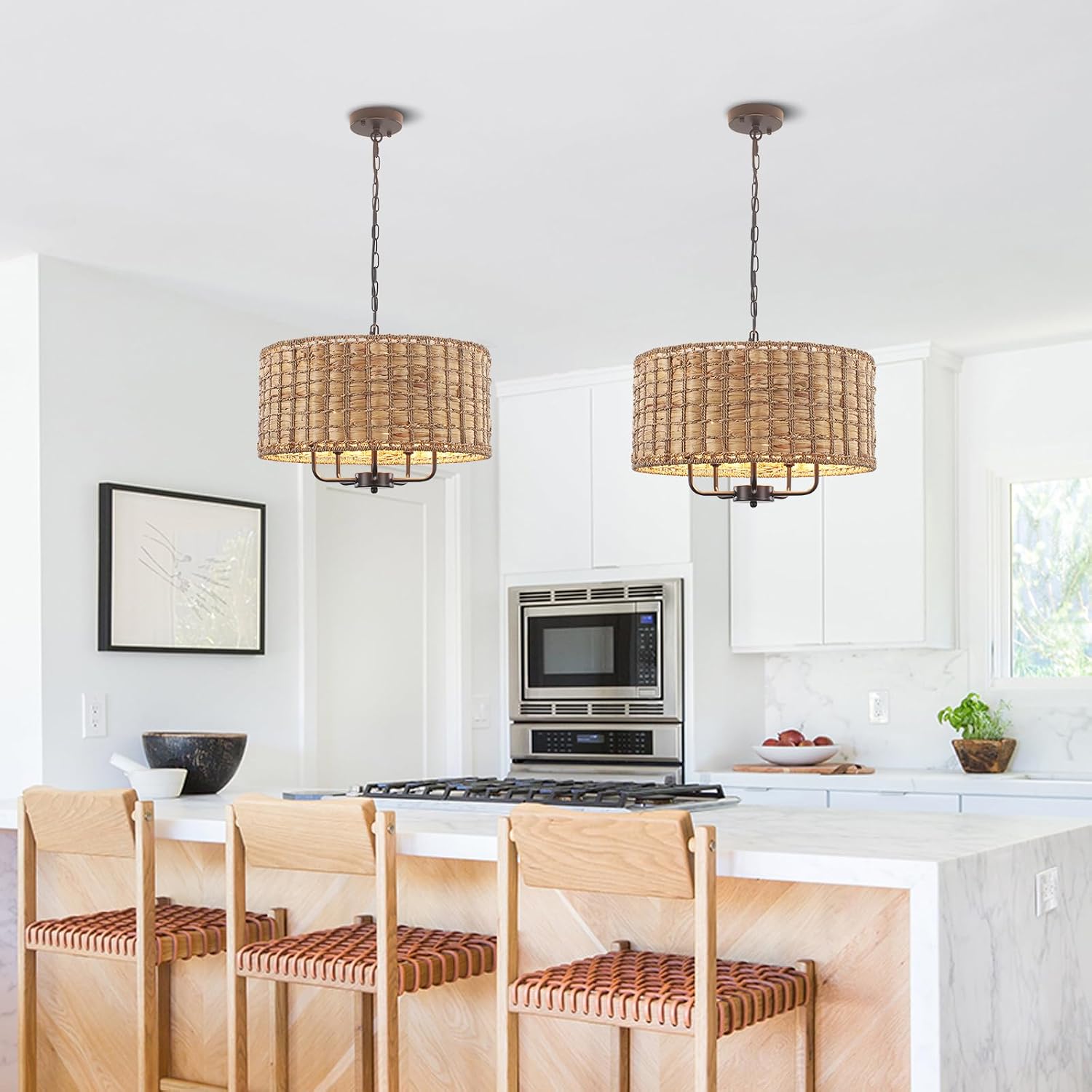 Rattan Chandelier for Dining Room, 5 Lights Boho Drum Chandelier Light Fixture, 18.9" Height Adjustable Large Rattan Pendant Light Woven Coastal Chandelier for Kitchen Island Entryway Foyer