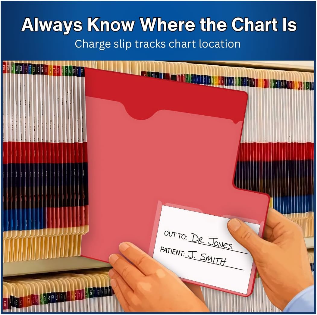 Doctor Stuff - Bottom Tab Vinyl Outguides, Full Front Pocket, Bottom Charge Out Slip Pocket, Plastic File Folder, Letter Size 9-1/2" x 12-3/4", Red, 50/Box