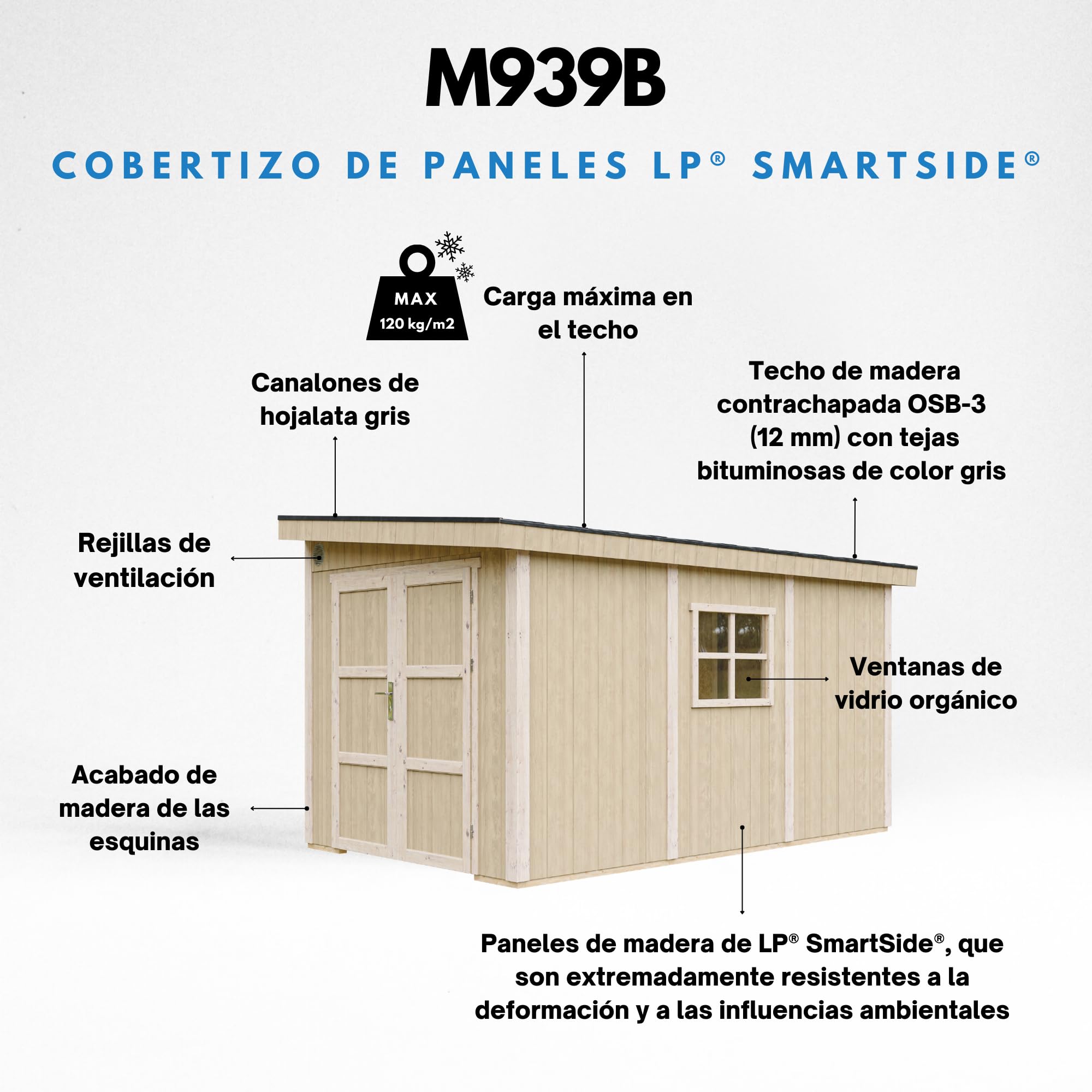 Casa de jardín de Primera Calidad 8,68 m² - H231x248x412 cm - Construcción de Paneles LP Smartside - Sin Suelo ni Pared Lateral - Timbela M939B