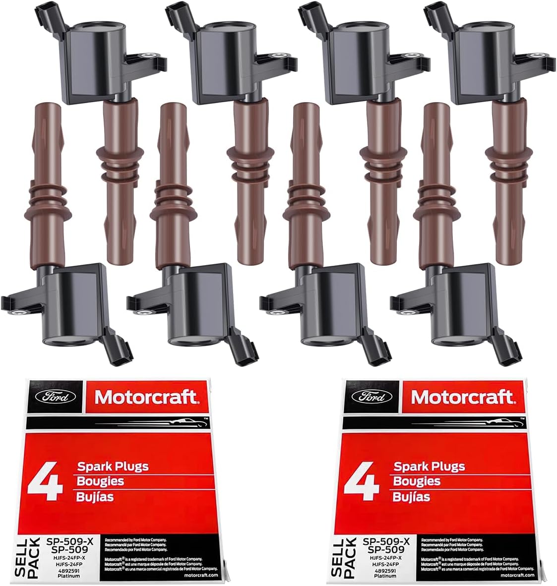MAS Ignition Coils DG521 and Motorcraft SP-509 Spark Plugs compatible with Ford Expedition F-150 Super Duty F-250 F-350 F-450 F-550 F-350 F53 4.6L 5.4L 6.8L C1659 DG521 8L3Z-12029-A