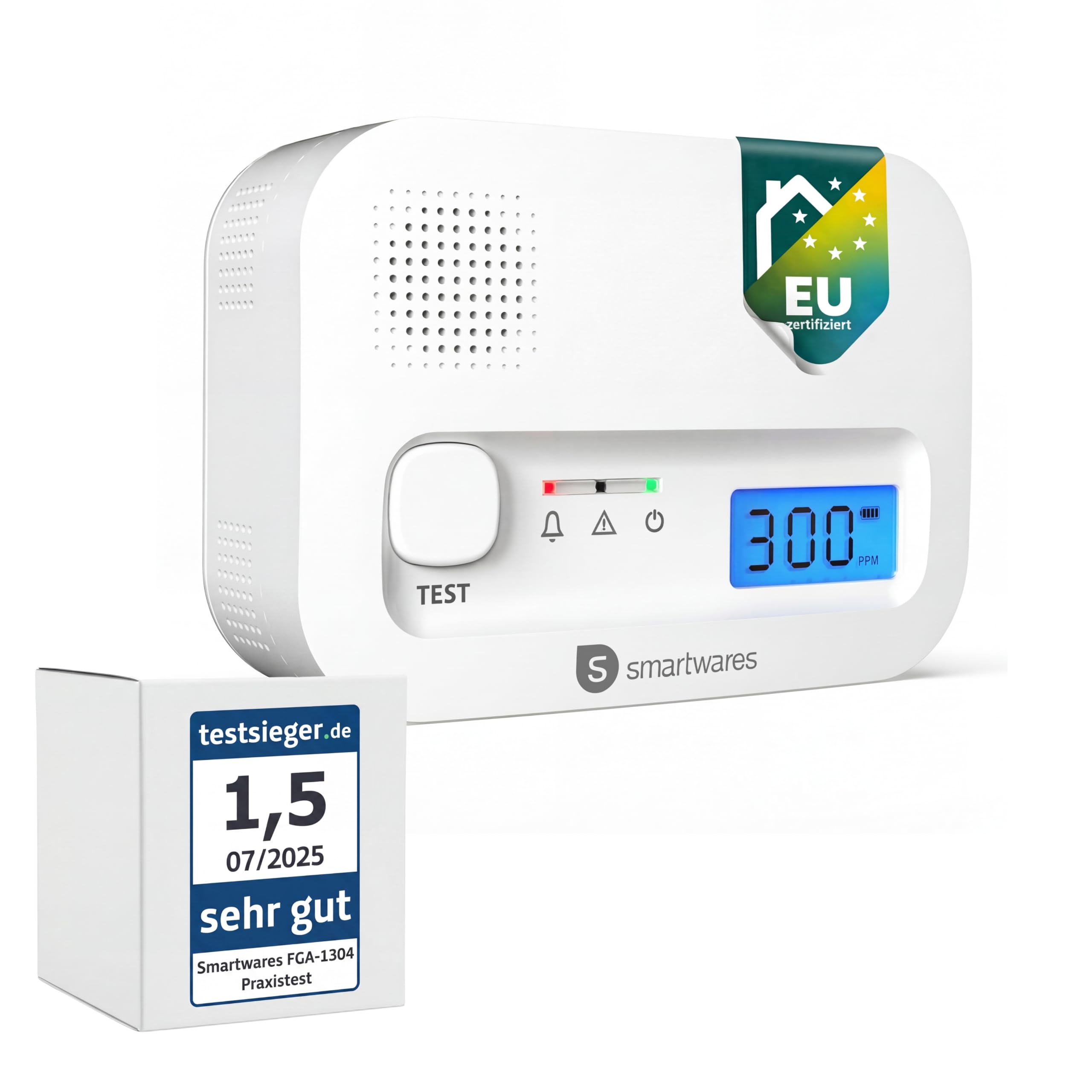 Smartwares Kohlenmonoxid melder, 10 Jahre Sensor, 1.5 Testsieger Wertung, mit Display und Testknopf - FGA-13041