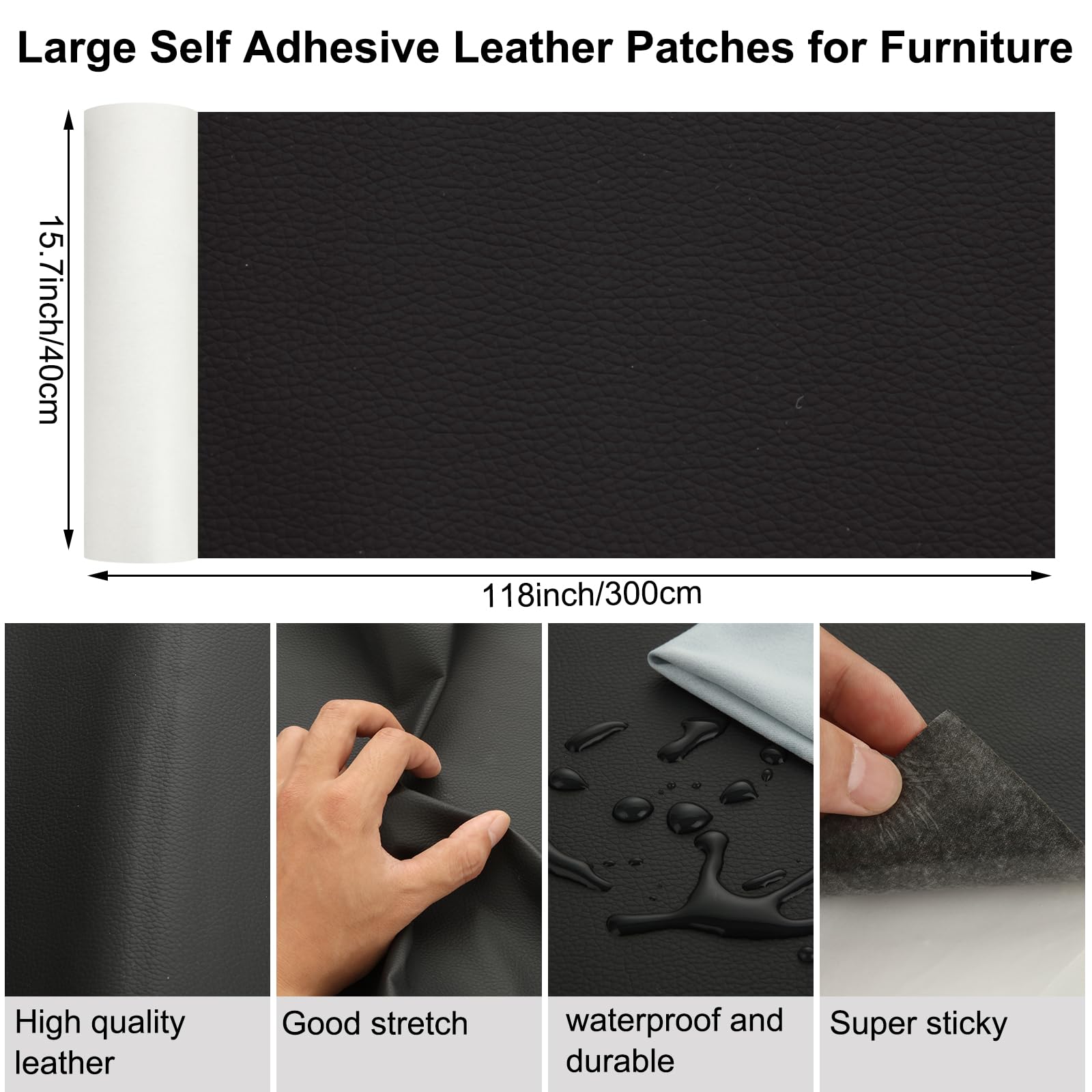 16x118in Large Leather Repair Patch, Large Self-Adhesive Leather Repair Tape Kit, Leather Repair Tape Black Leather Patches for Furniture Couch Chairs Car Seat
