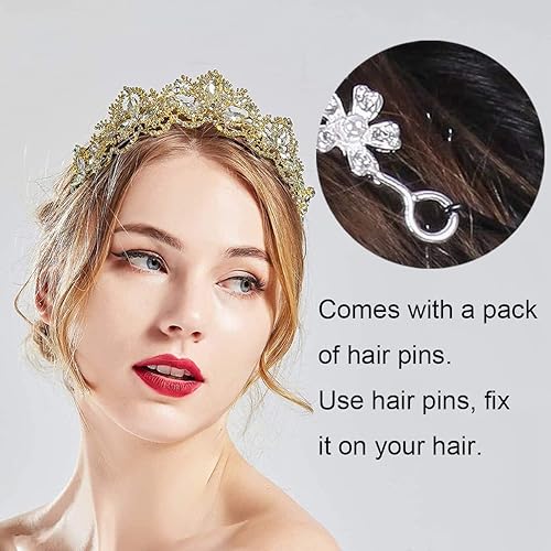 Miniatura 10 de Tiara dorada y corona para mujer, diadema de cristal con peine de diamantes de imitación, postizo de princesa para niñas, accesorios para el cabello