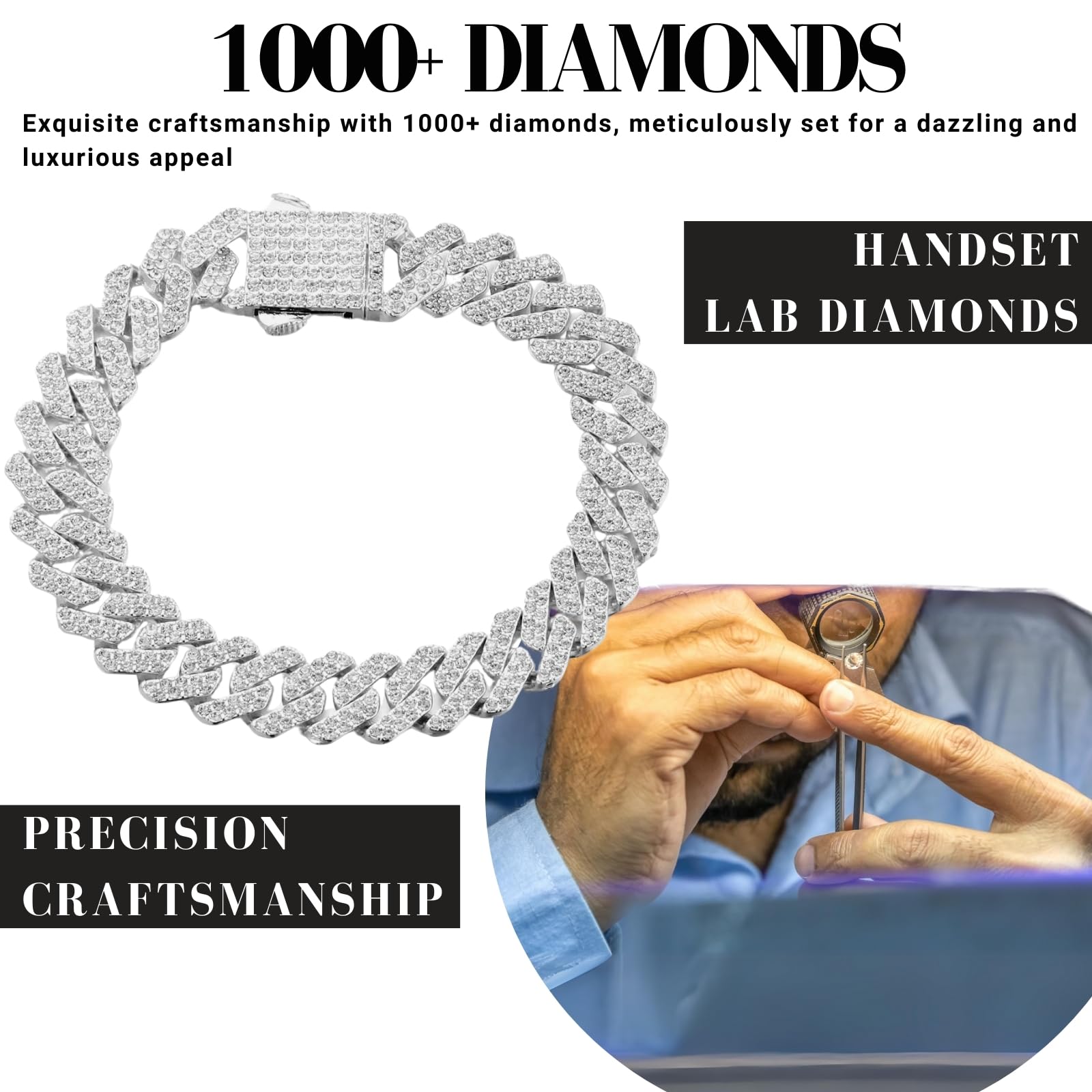 HALUKAKAH Pozłacane prawdziwe złoto 18 k/platyna kubańska bransoletka naszyjnik z diamentami biżuteria dla mężczyzn, plus 1500 ręcznie oprawianych diamentów laboratoryjnych, długość 12 mm 20 cm, 45 cm
