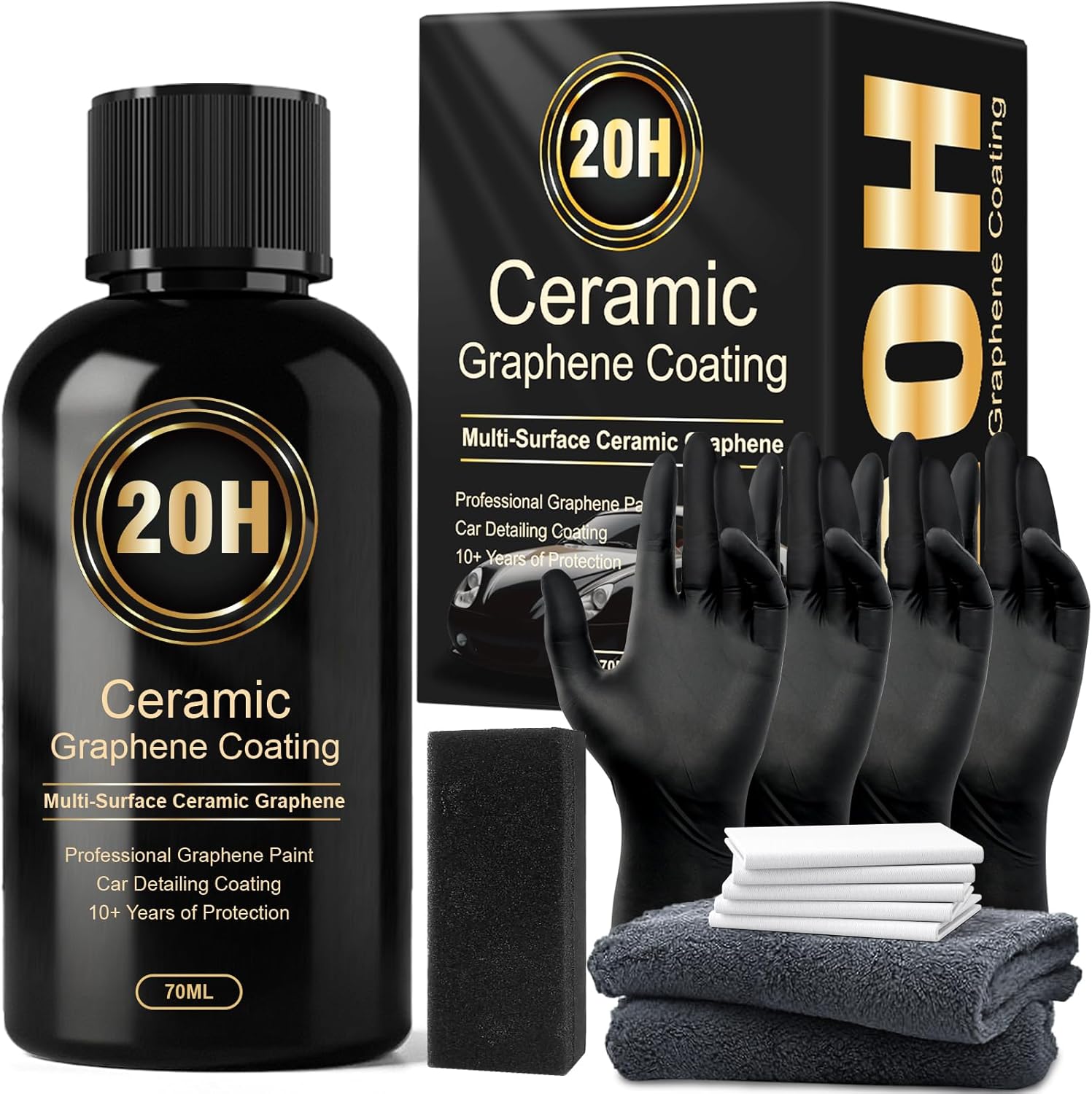 Ceramic Coating for Cars, 20H High-Grade Graphene Coating for Automobiles, Complete Detailing Kit, 10+ Years of Lasting Defense, Intense Glossy Look, Use After Washing & Polishing, 70ml